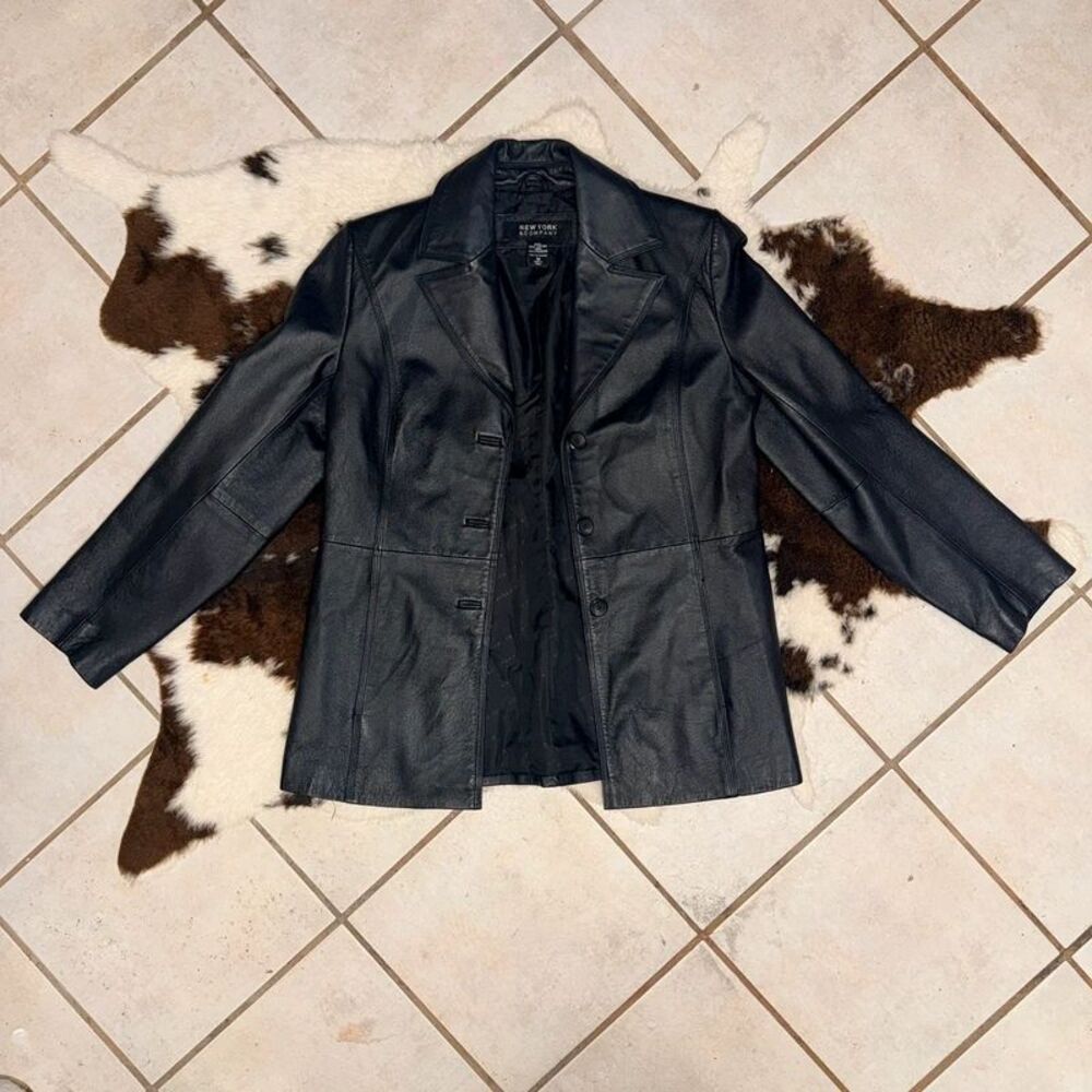 Vintage Y2K New York & Company Black Genuine Leather Blazer Jacket - Size M